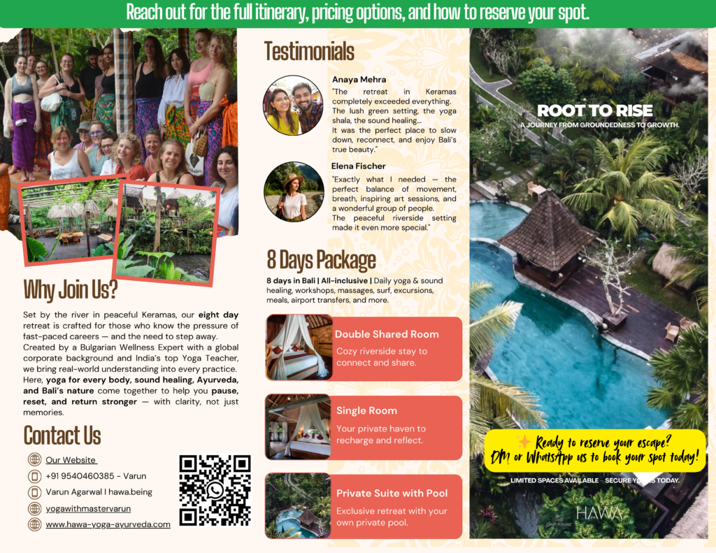"Bali retreat brochure with testimonials, pricing options, room types, and booking details for an all-inclusive yoga and sound healing experience.