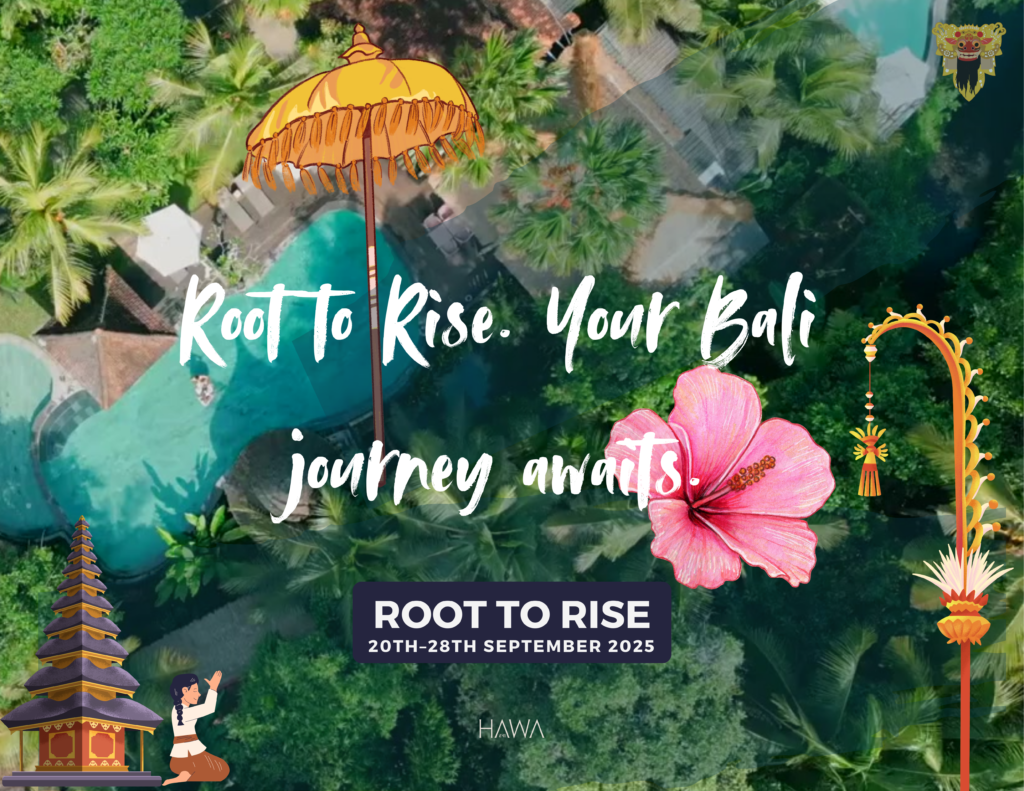 Aerial view of a tropical retreat with the text “Root to Rise. Your Bali journey awaits.” surrounded by Balinese elements like parasols, flowers, and jungle.
