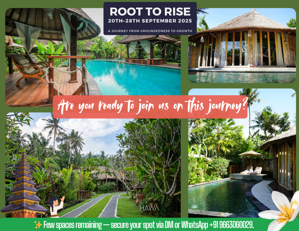 Beautiful collage of Bali retreat spaces including villas, nature paths, and pools.
