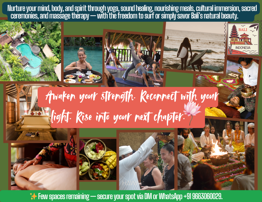 Collage of healing therapies, cultural rituals, and nourishing meals during a Bali retreat.
