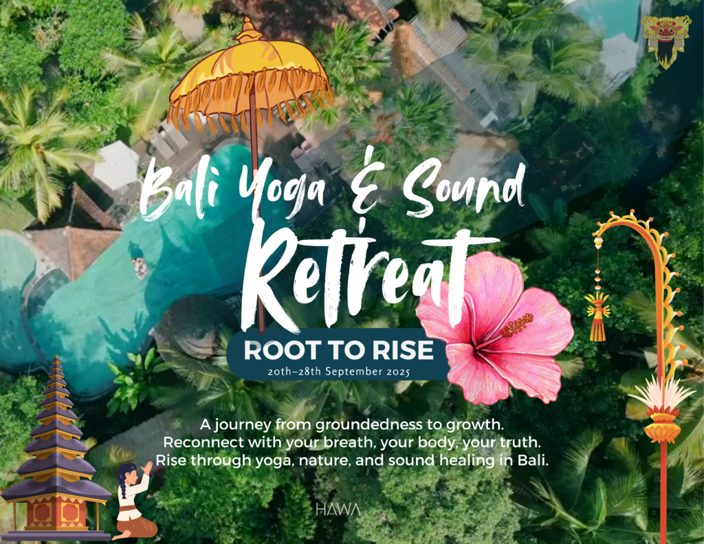Welcome banner for Root to Rise – an 8-day Bali Yoga & Sound Retreat surrounded by lush greenery and healing visuals
