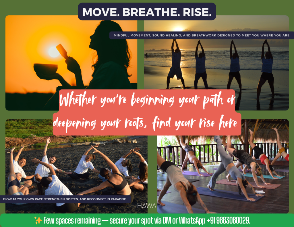 Group yoga practice during sunset and nature meditation session in Bali retreat.
